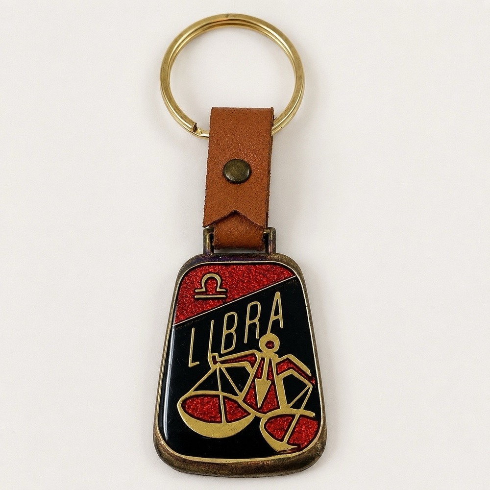 Vintage 1970’s Libra Zodiac Keychain Enamel Scales Horoscope Leather Key Fob